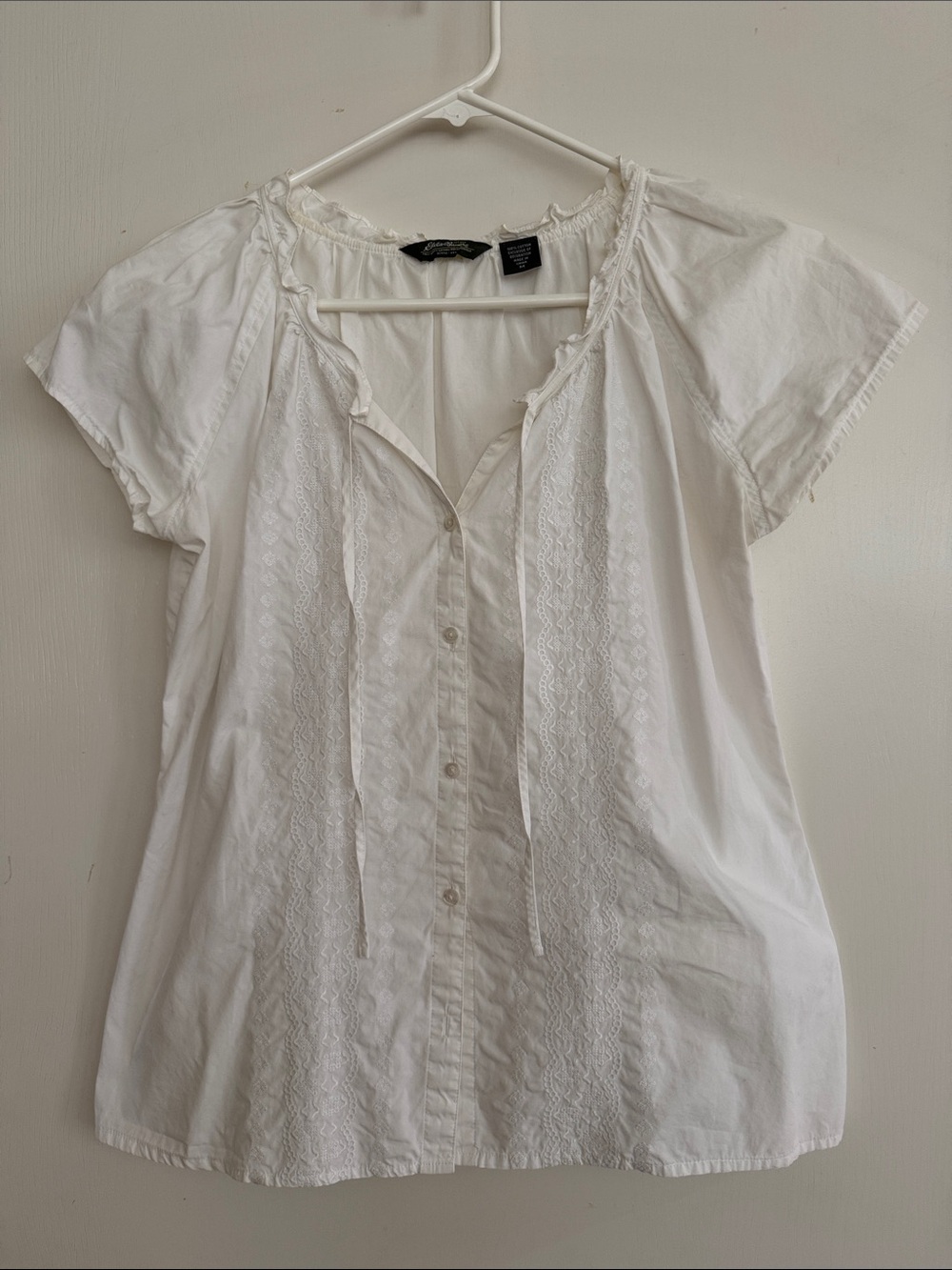 Eddie Bauer Embroidered White Button-Front Peasant Top - Size M